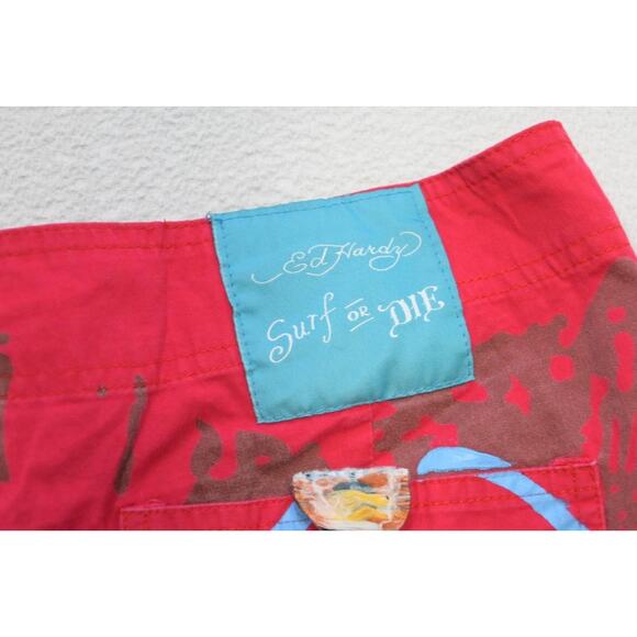 Vtg Ed Hardy Men's Red "Surf or Die" Board Shorts Sz Large Graphic Swim Trunks - Picture 11 of 13